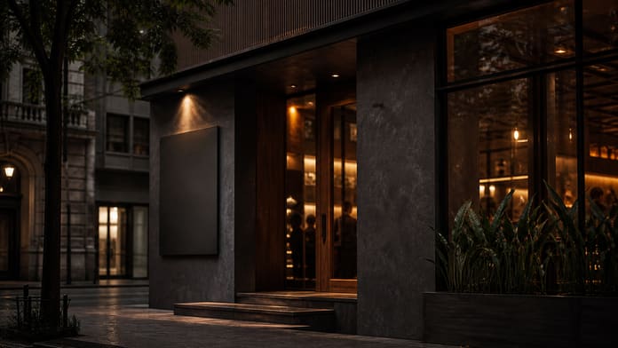 Façade de restaurant contemporaine au crépuscule, surface de signalétique laissée vide, lumière intérieure chaude.