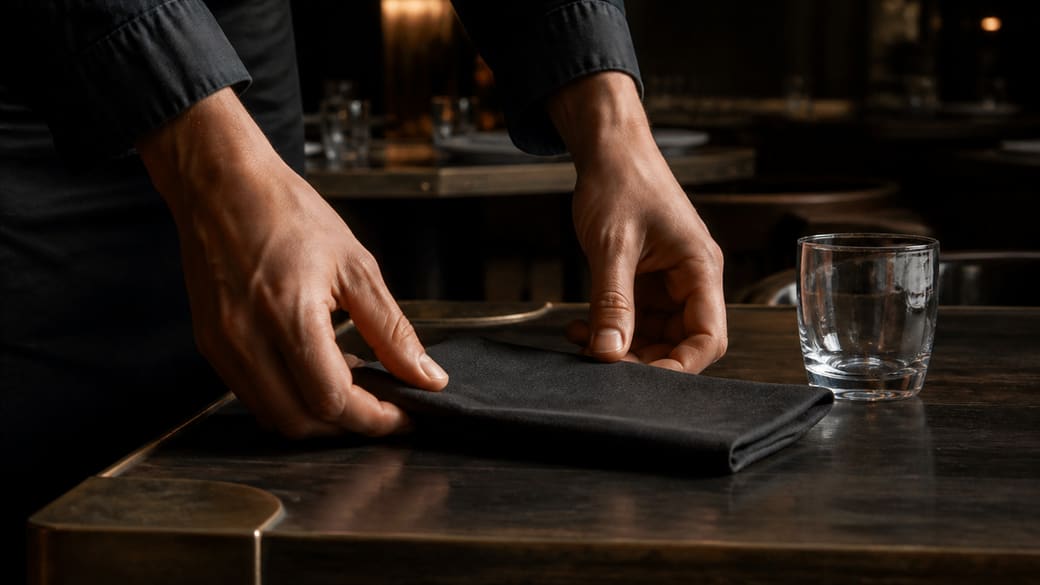 Mains ajustant un textile sombre sur une table juste avant le service, sans plat ni marque visible.