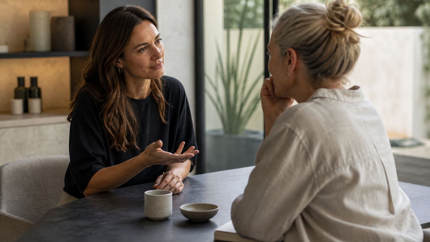 Conversation calme entre deux femmes adultes dans un espace lumineux, sans procédure visible.