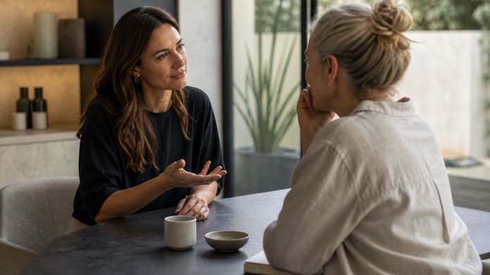 Conversation calme entre deux femmes adultes dans un espace lumineux, sans procédure visible.