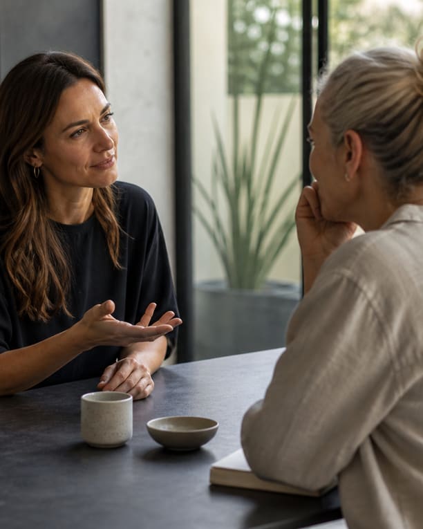 Conversation calme entre deux femmes adultes dans un espace lumineux
