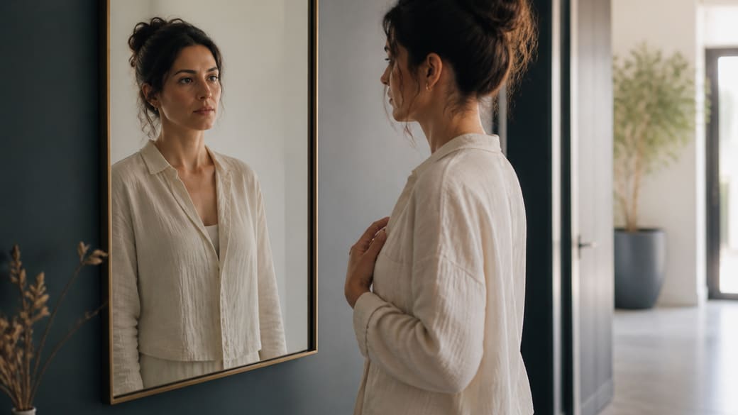 Femme adulte face à son reflet, calme et assurée, sans comparaison ni transformation physique.