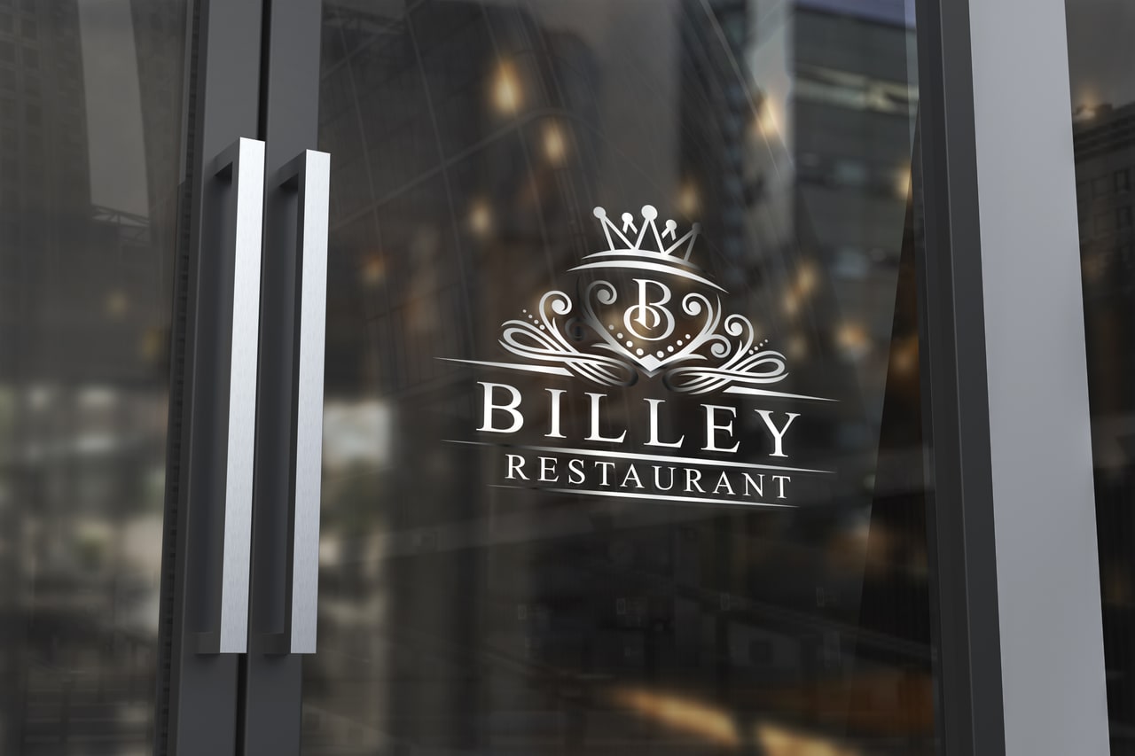Maquette du logotype Billey Restaurant appliqué en blanc sur une porte vitrée.