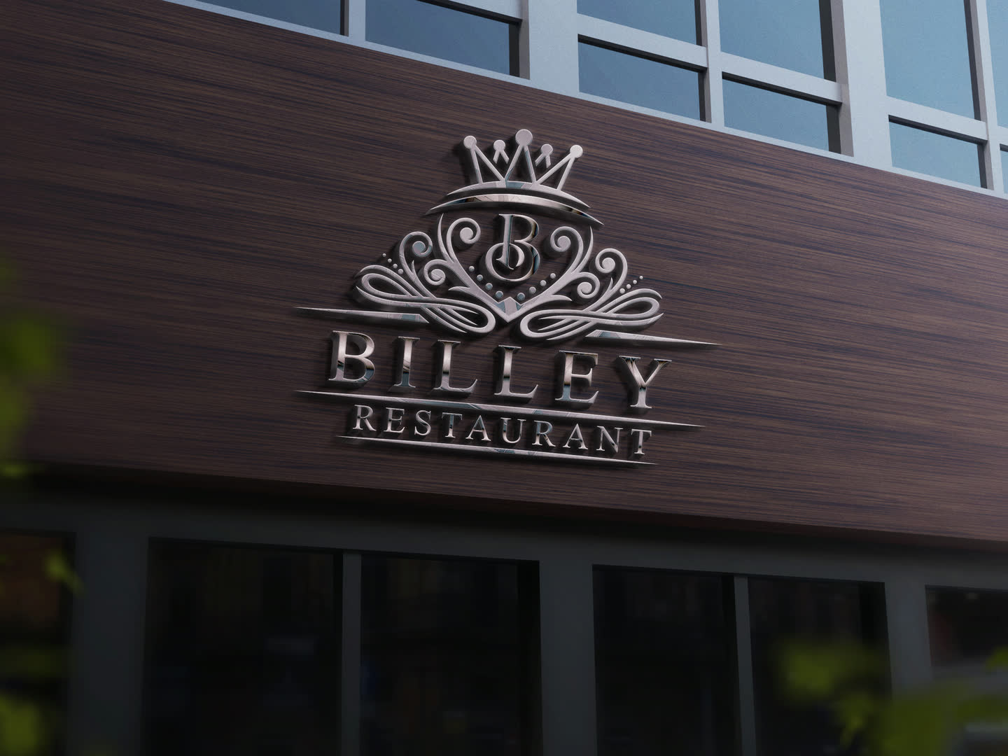 Maquette de présentation du logotype Billey Restaurant sur une façade en bois sombre.