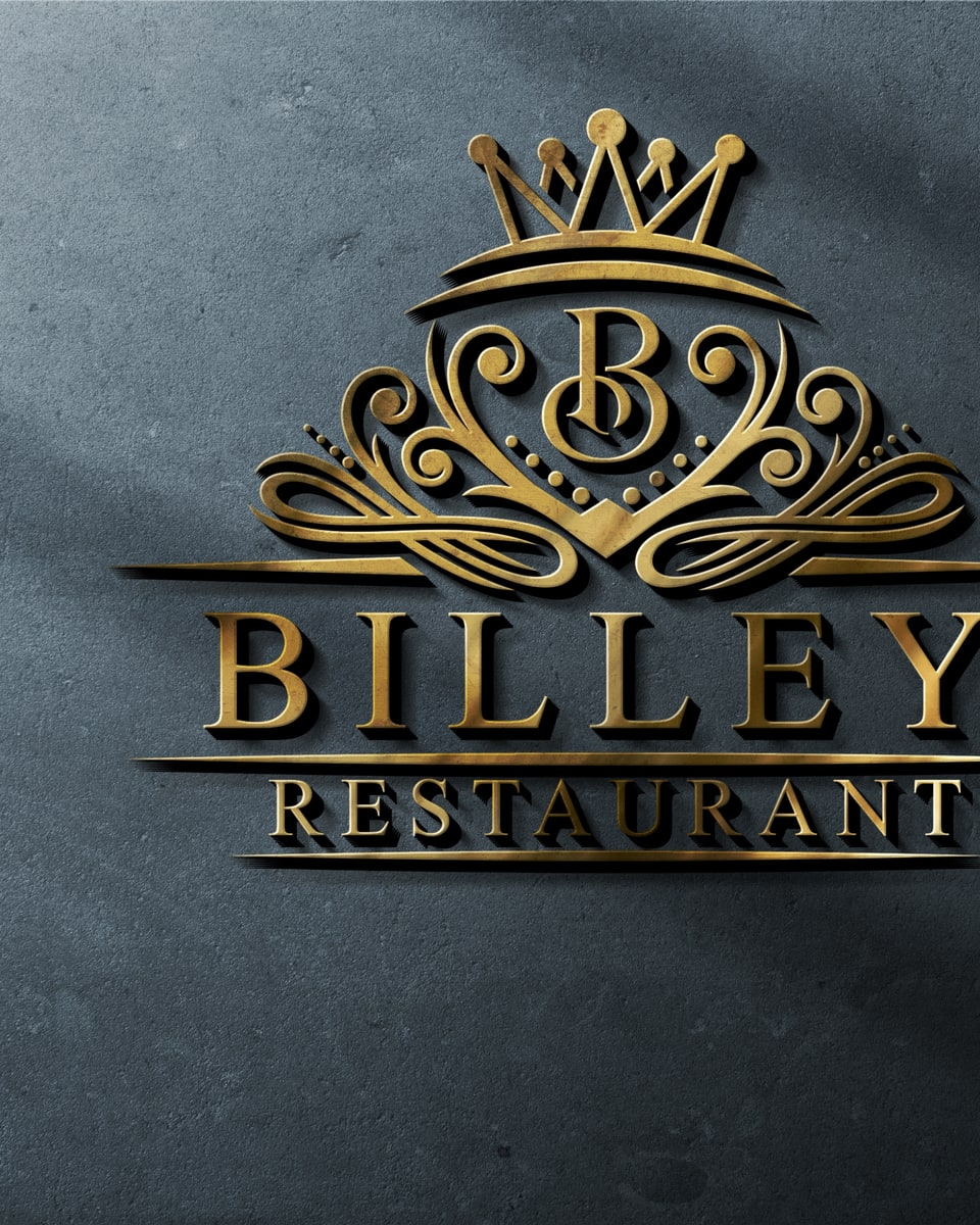 Détail de la maquette murale montrant le monogramme couronné et le logotype Billey Restaurant.